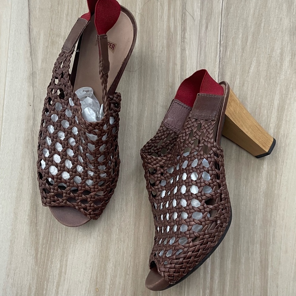 Camper Brown Woven Heels with Red Accents